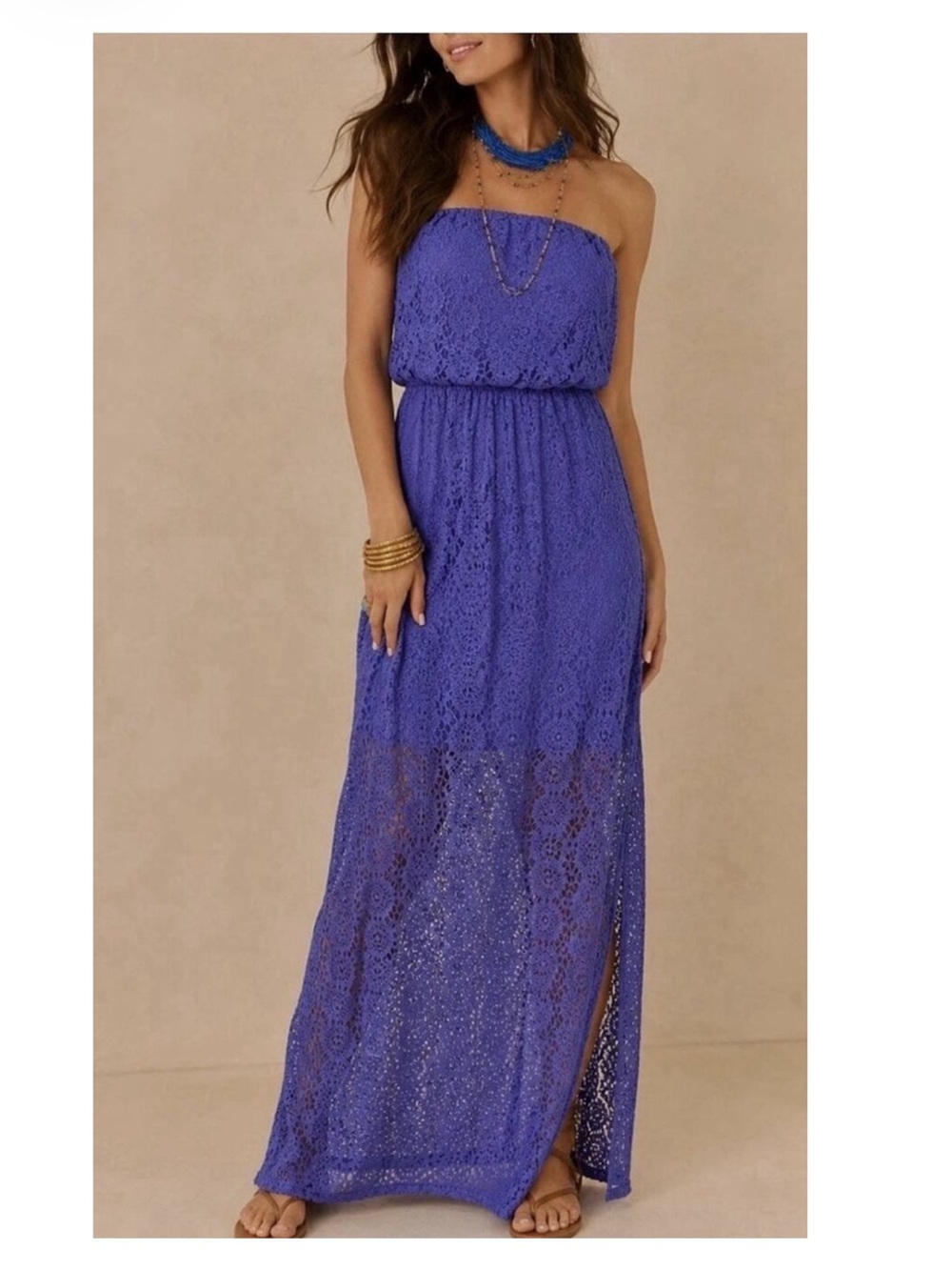 Lilly Pulitzer Emmett Strapless Crochet Lace Maxi Dress Sz Small Purple Blue